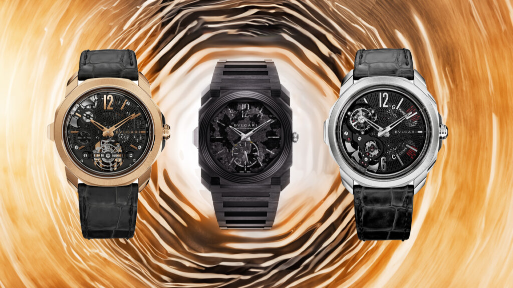 Premiere für ein klingendes Trio: Bulgari präsentierte bei den Geneva Watch Days die Neuheiten (von links) Octo Roma Carillon Tourbillon, Octo Finissimo Minute Repeater Carbon und Octo Roma Grande Sonnerie Tourbillon.