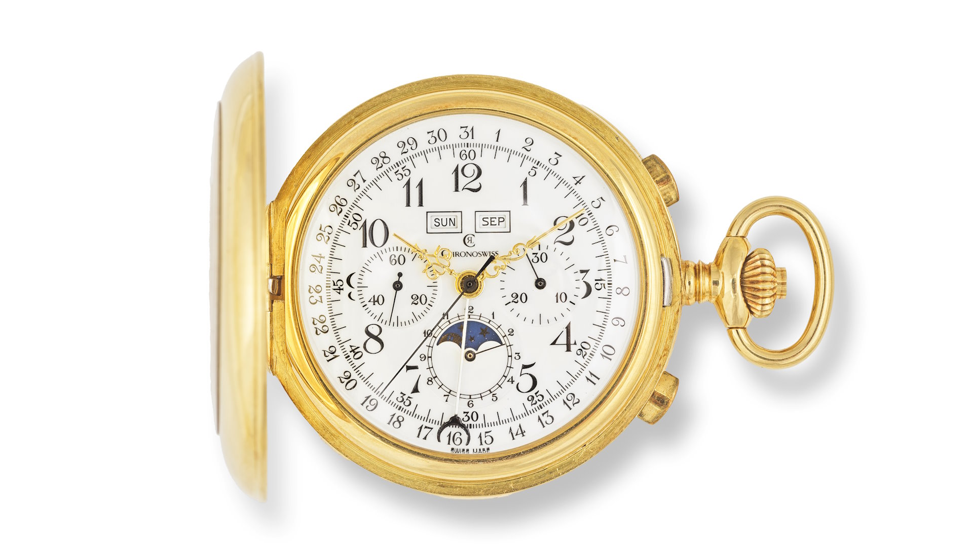 Goldene Taschenuhr von Chronoswiss aus dem Jahr 1990 mit Triple Calendar (Zeigerdatum, Fenster für Tag und Monat) und Mondphasenanzeige. Schätzpreis: 4000 bis 6000 Euro.