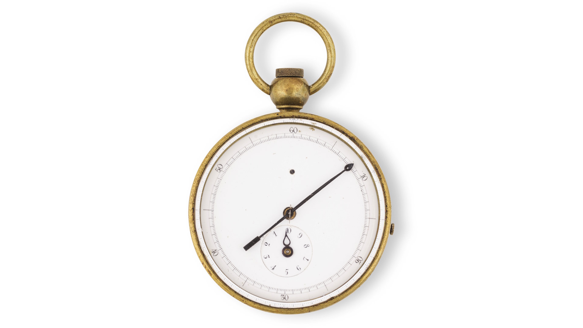 Tinten-Chronographen, die mit einem Tintenklecks Start oder Ende eines Zeitintervalls markierten, standen am Anfang der Entwicklung zum Chronographen. Hier ein seltenes Exemplar in Messing in Form einer Taschenuhr, gefertigt circa 1870. Schätzpreis: 1000 bis 1500 Euro.